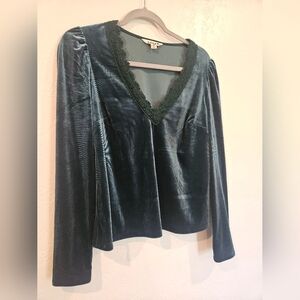 Boden Flora V-Neck Velvet Top Emerald Night Size US 10 Womens Lace Long Sleeves